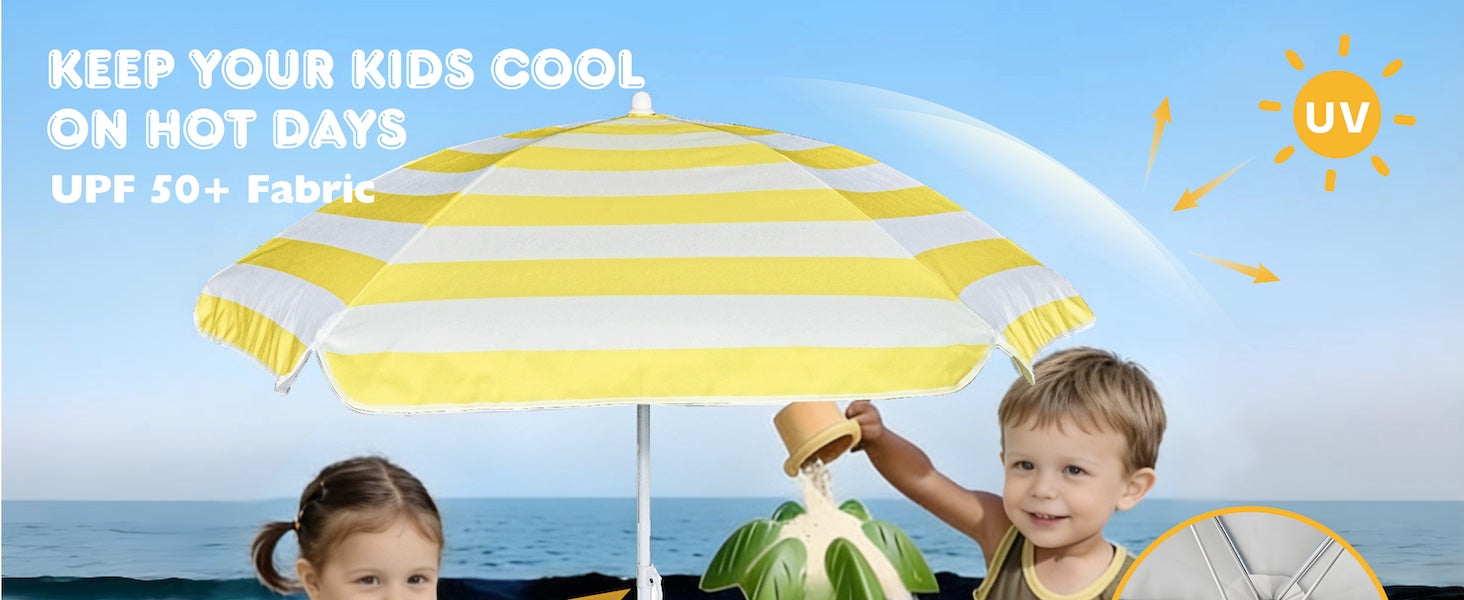 two kids enjoying beachday with an AMMSUN 5ft yellow white waterproof and uv protection kids patio umbrella for beach