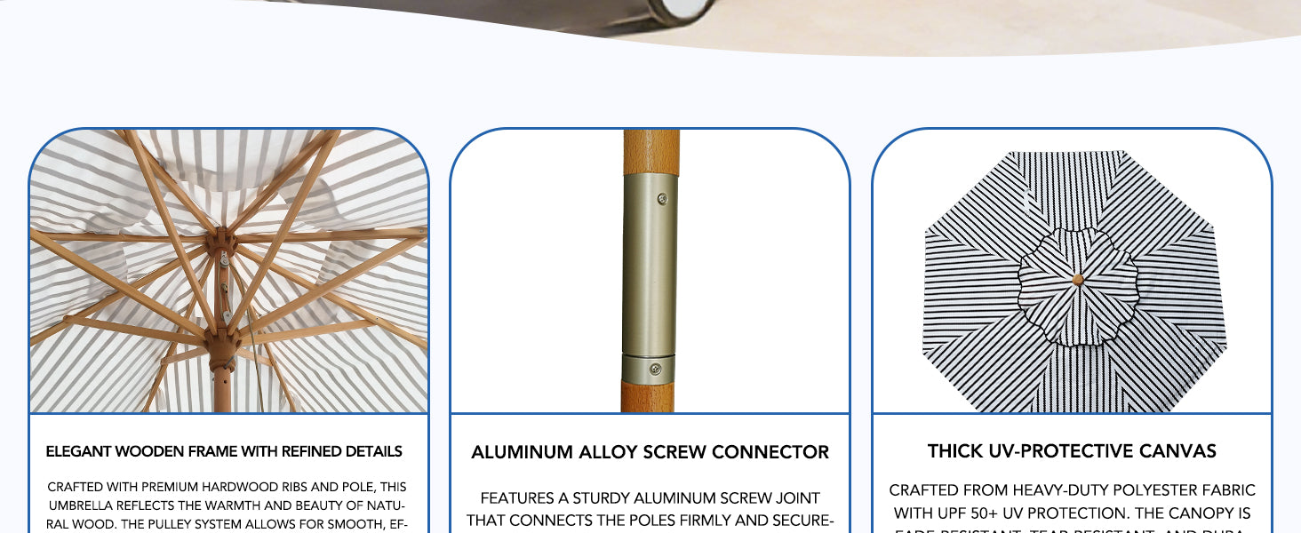 AMMSUN pulley lift outdoor umbrellas for patio has uv protecting fabric, alumunum alloy screw connector and wood frames