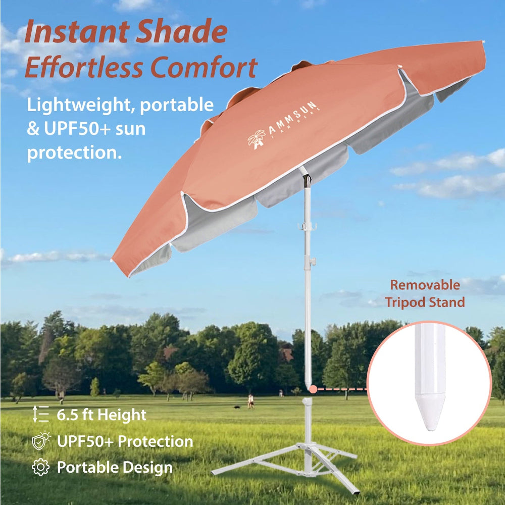 AMMSUN 6.5ft peach pink portable umbrella for sports umbrella with a removable tripod stand