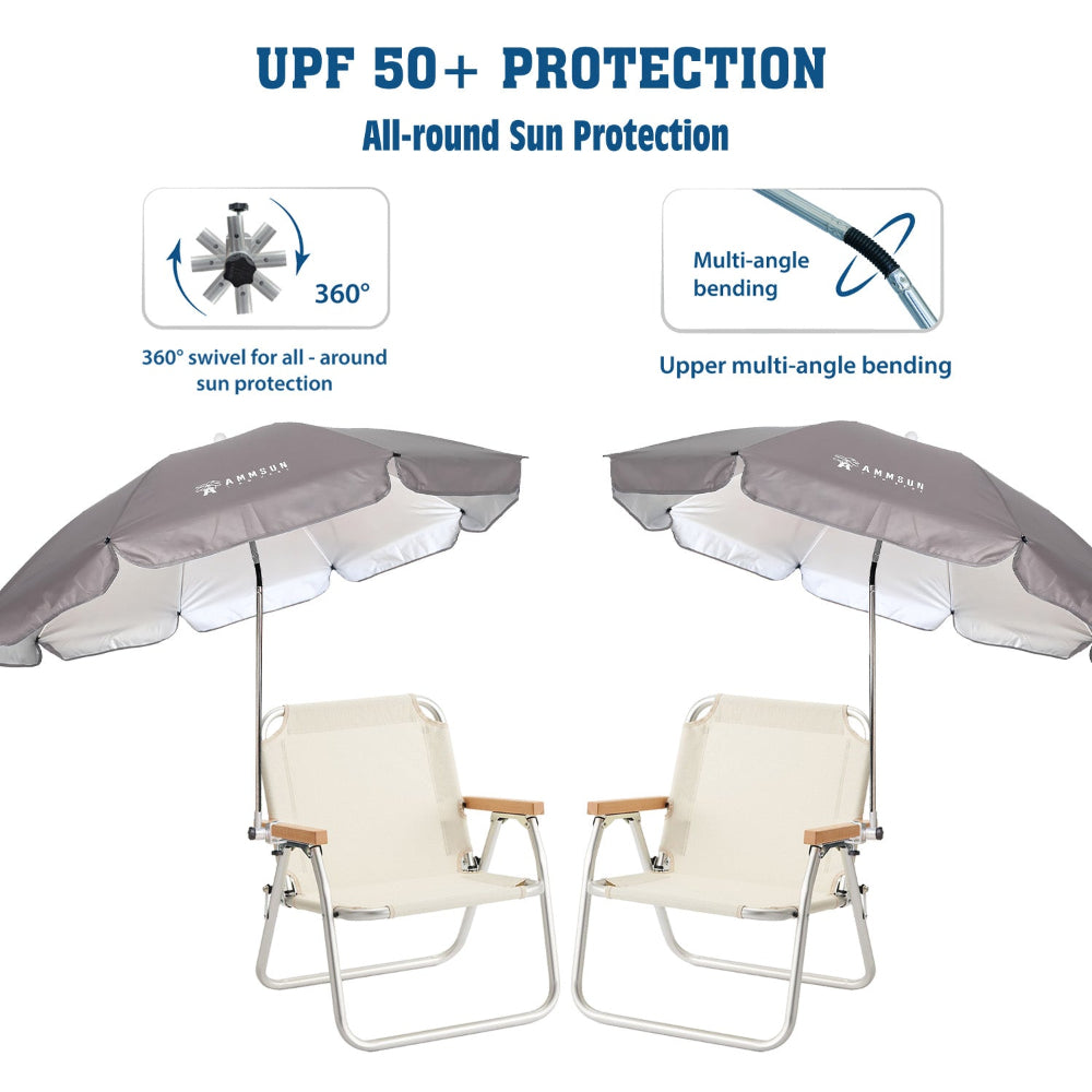AMMSUN 2 pack grey XL 47inches fishing umbrella for beach chair with clamp has 360 degree swivel and mutil- angle bending function