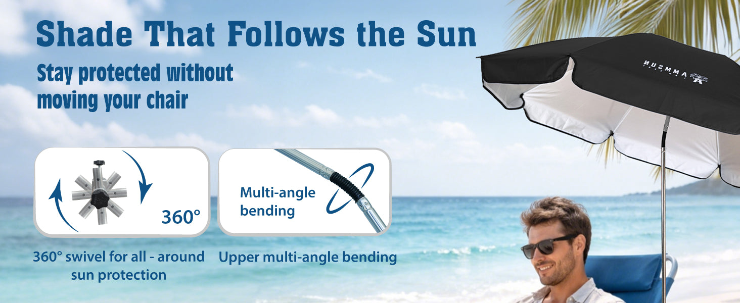 A man sitting under an AMMSUN black large size beach chair umbrella with clamp for 360 degree swivel