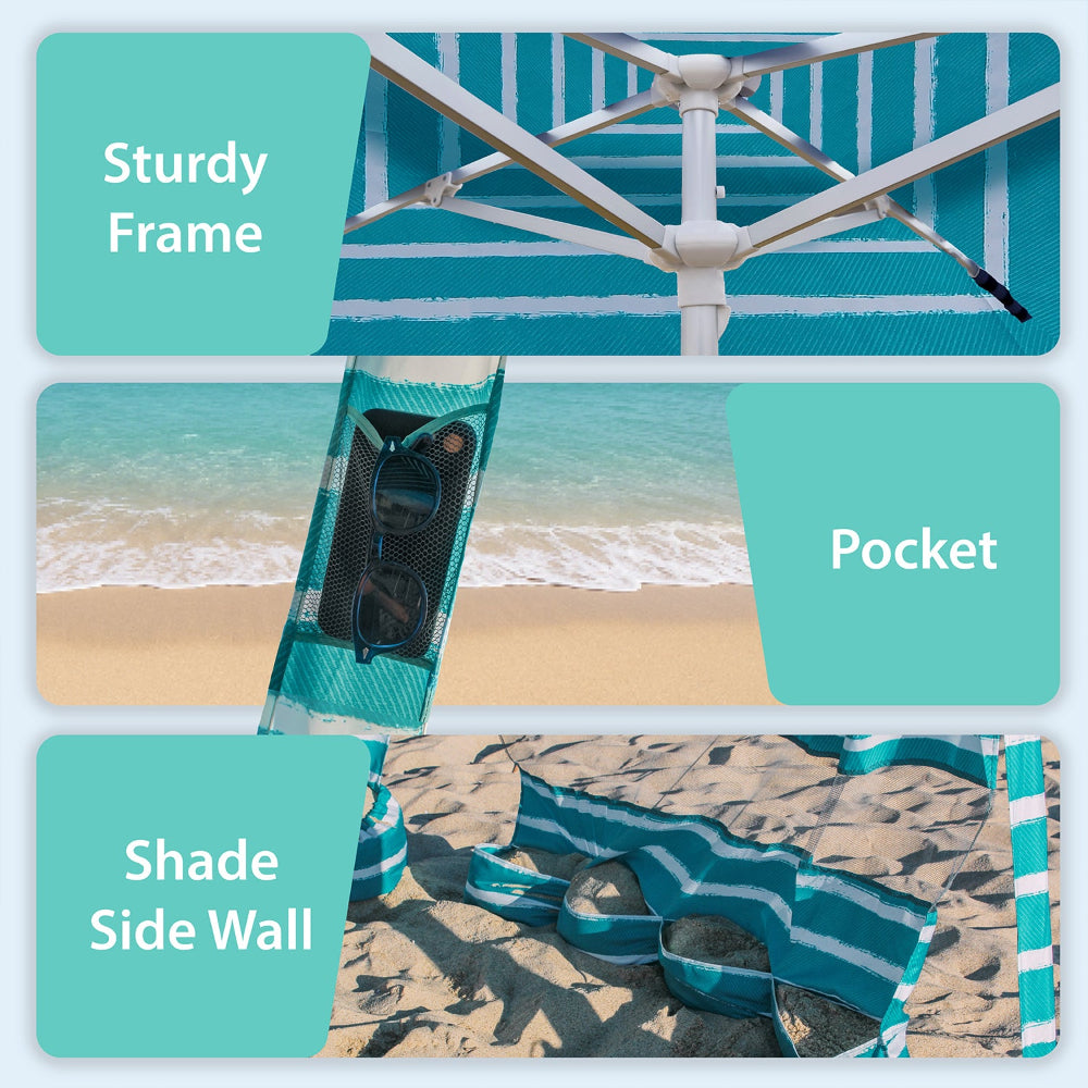 AMMSUN 8'x8' cool cabana beach tent portable shade with side wall has sturdy frame and a pocket on its leg