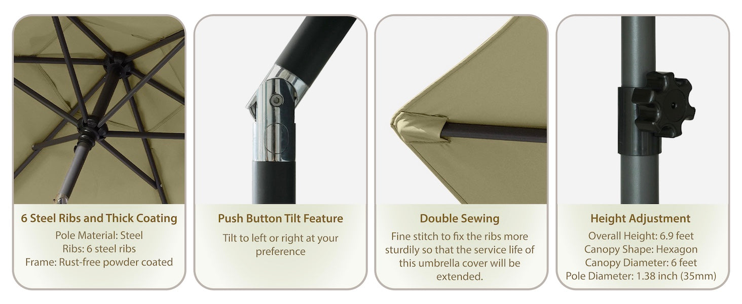 AMMSUN 6ft khaki double sewing sun blocking umbrella made of 500-D polyester with height adjustment