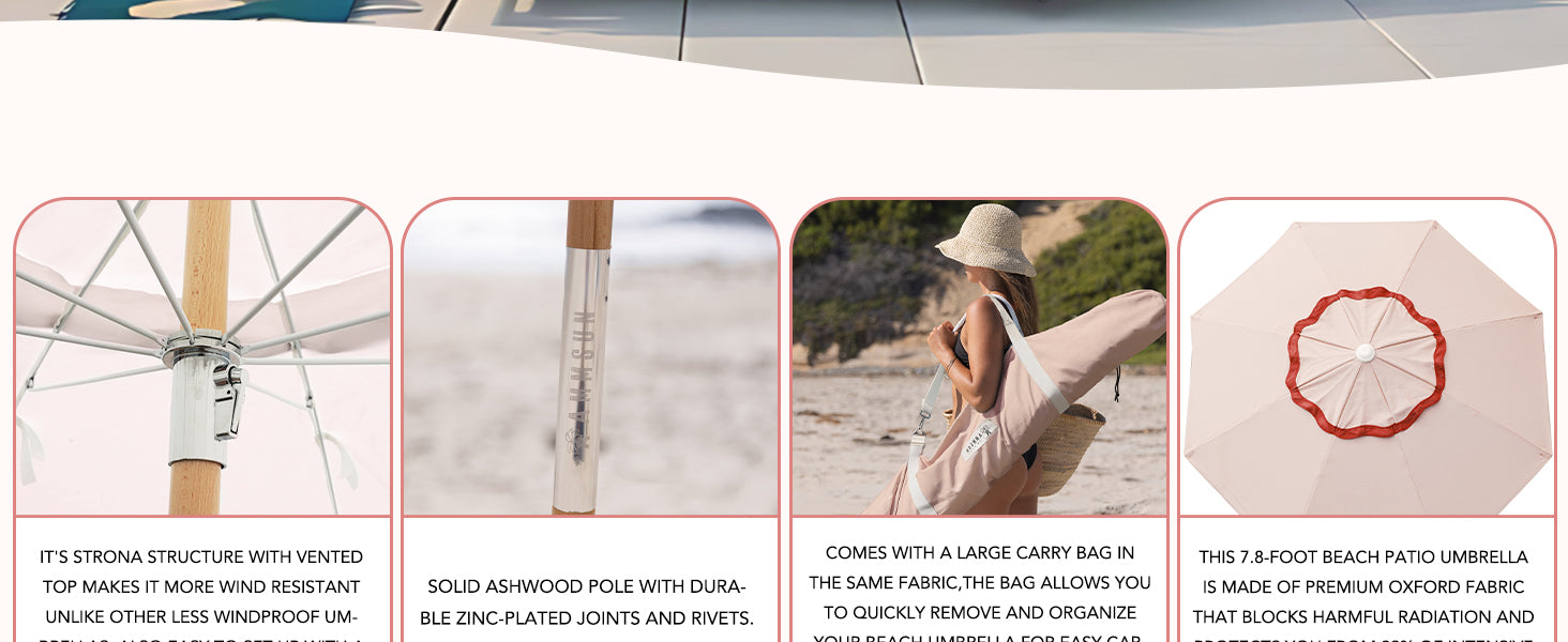 AMMSUN 7.8ft beach umbrellas for sand has ashwood pole&zinc-plat Joints for umbrella patio with oxford fabric and carry bag