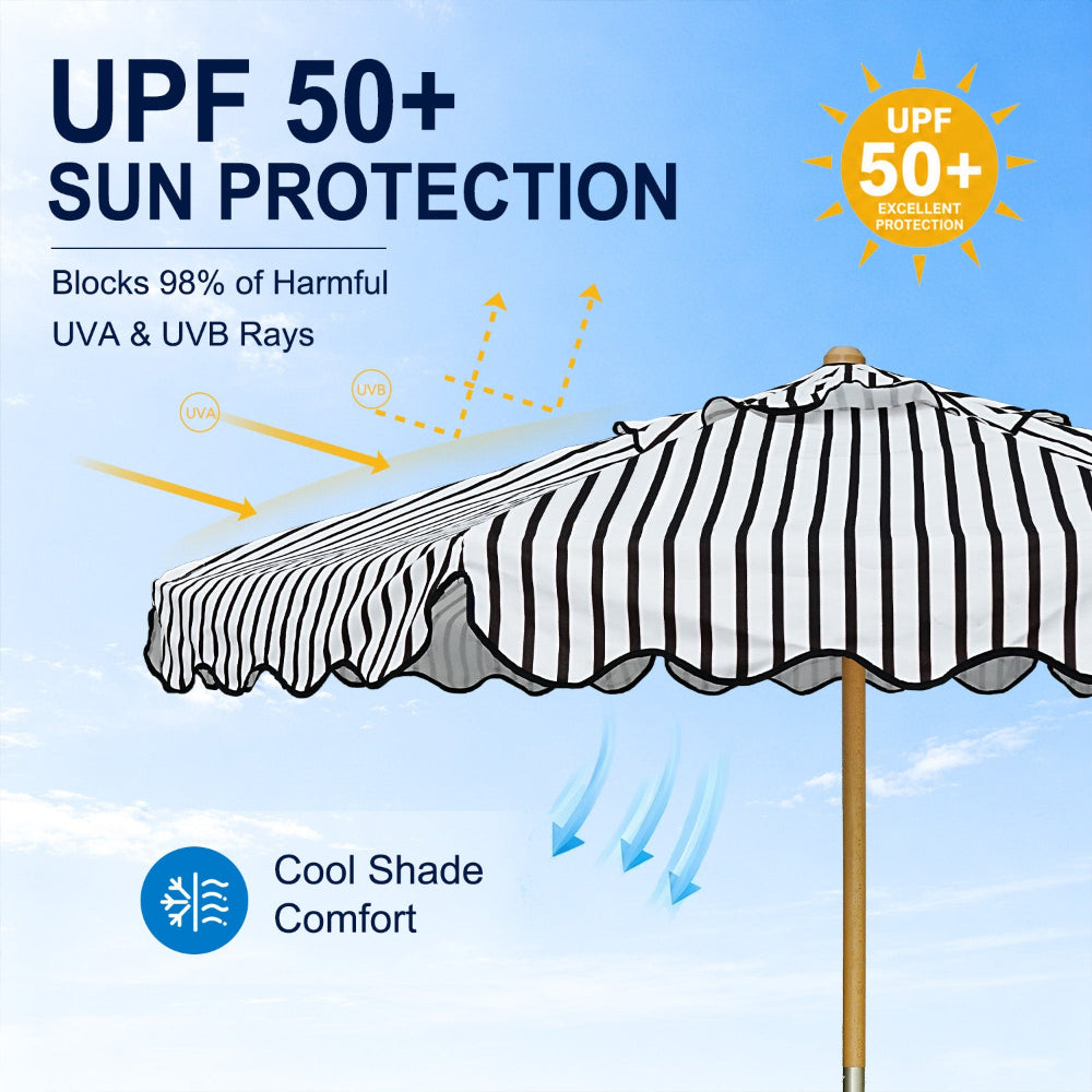 AMMSUN Vintage Wood pool umbrellas outdoor, with pulley lift has wipe with dry cloth UPF 50+ for dining tables