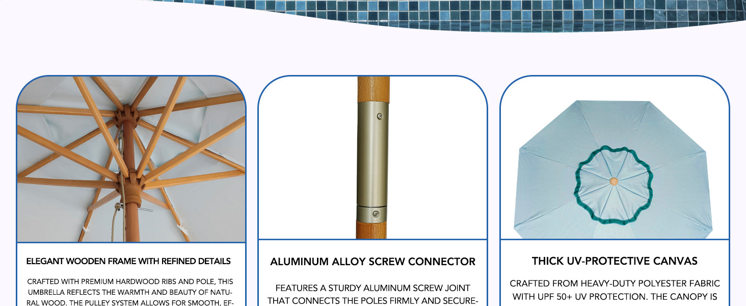 AMMSUN pulley lift umbrella shower pool for patio umbrella has uv protecting fabric, alumunum alloy screw connector and wood frames