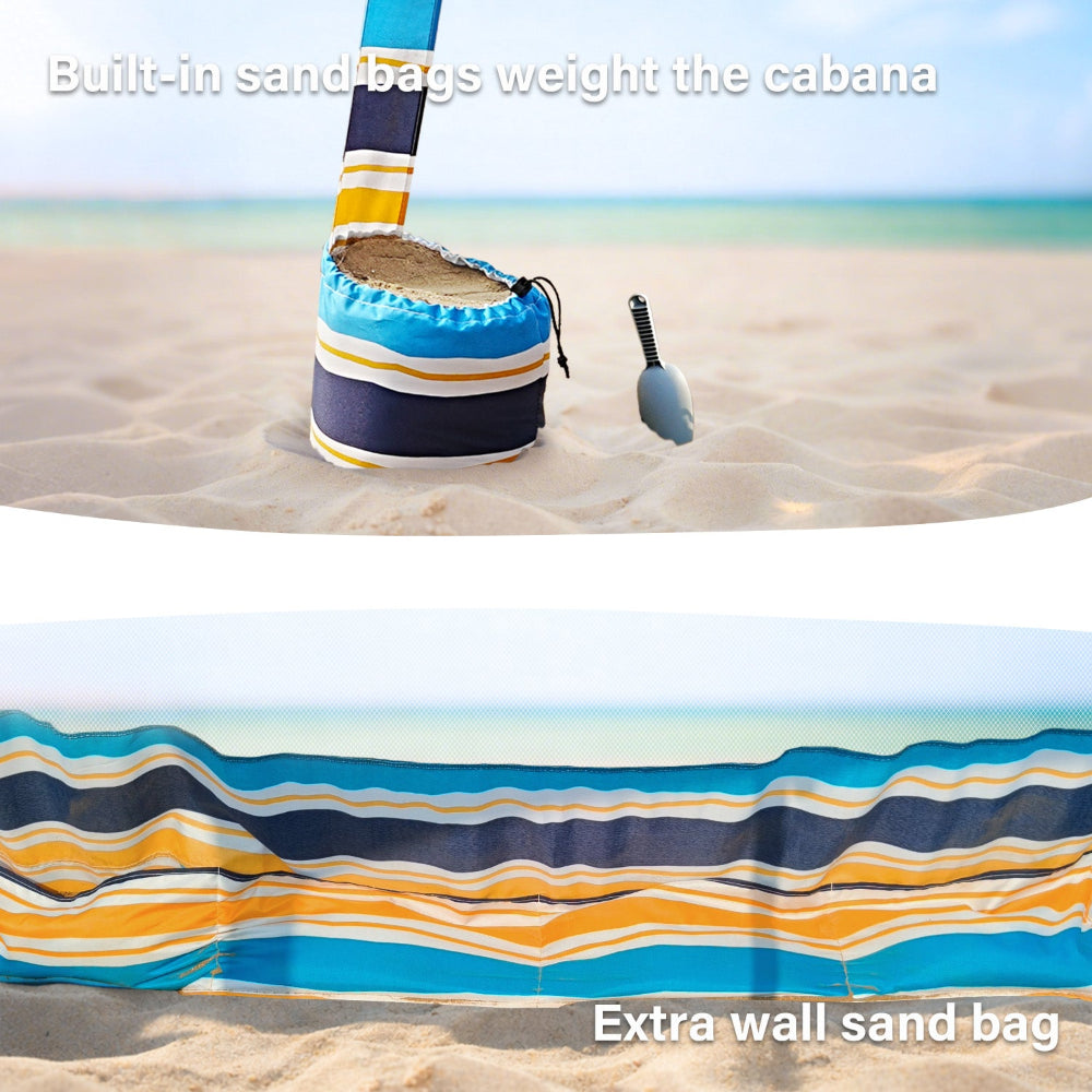 AMMSUN vibrant stripe 6.5'×6.5' coolcabana beach tent has sandbags on each corner & side wall for portable shade canopy