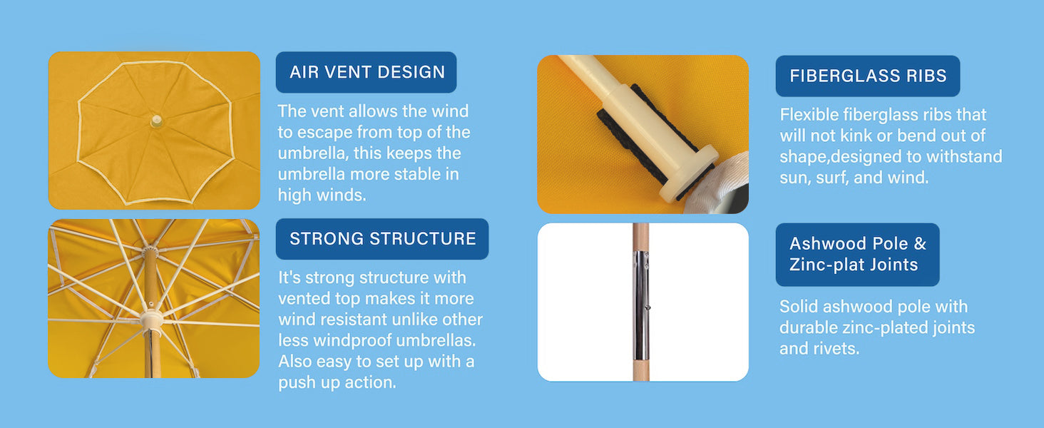 AMMSUN beach umbrellas for sand air-vent heavy duty wind portable with fiberglass ribs has wood pole with durable zinc-plated joints and rivets.