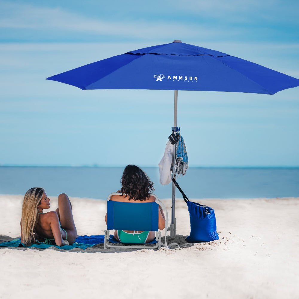 Two women relaxing under and AMMSUN 8FT blue heavy duty high wind patio umbrella