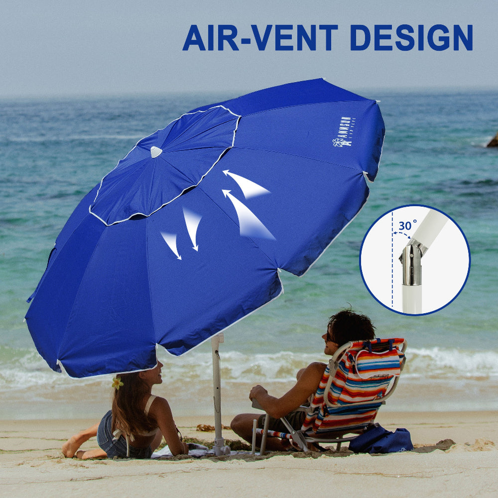 Two people sitting together under AMMSUN 8ft blue umbrellas portable with air-vent and adjustable angle