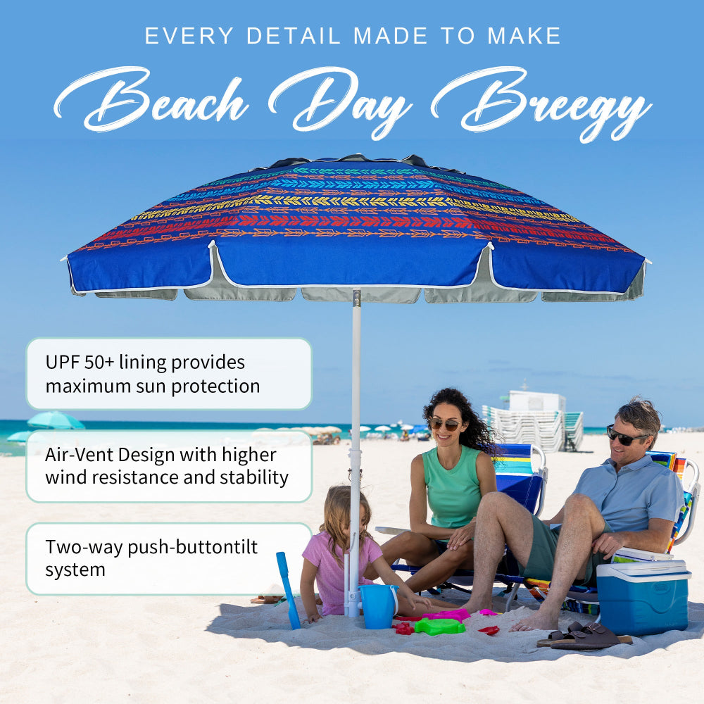 Family under a 8 ft patio umbrella with sand anchor for beach umbrella on a sunny beach.