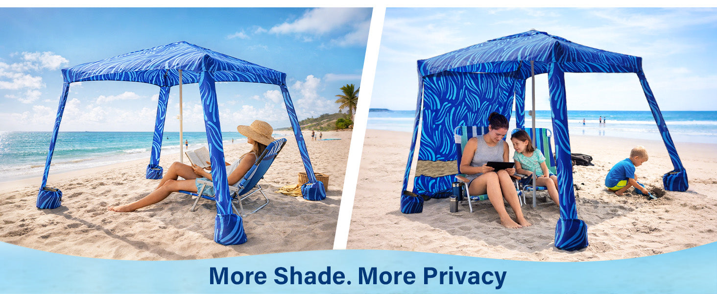 A family relaxing under an AMMSUN sea flow beach cabanas beach shade canopy with privacy sunwall for more shade