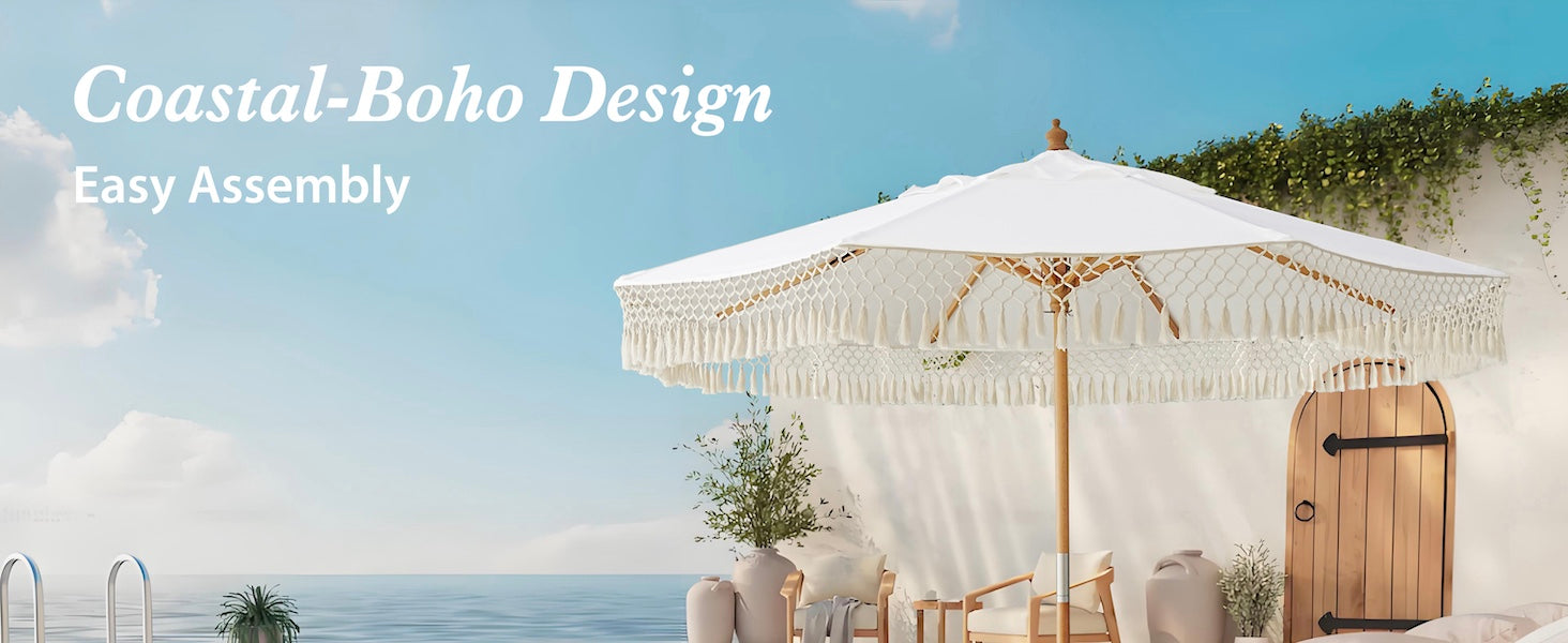 AMMSUN 8.5ft white coastal boho fringe umbrella for table umbrella outdoor patio is easy assembly