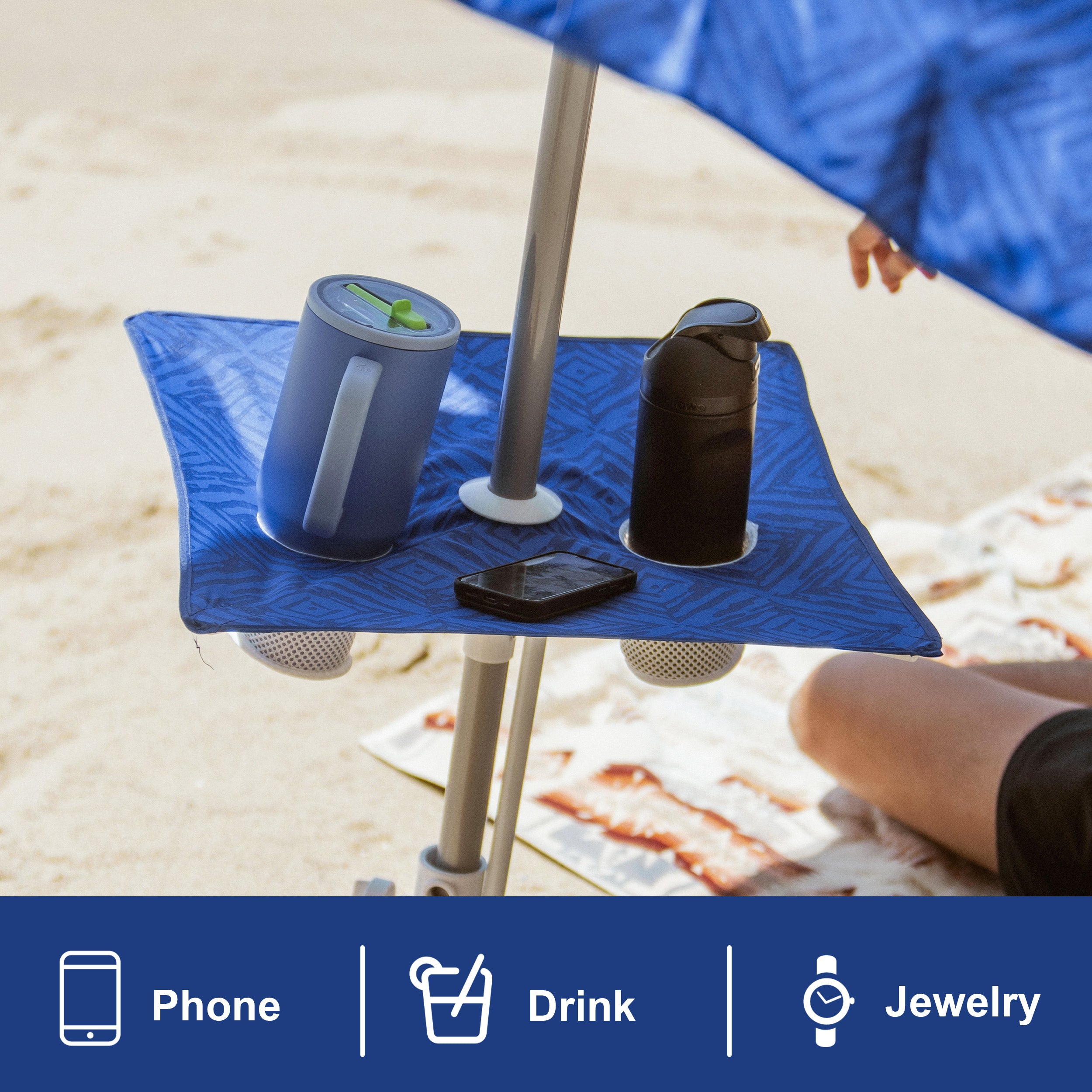 AMMSUN Beach Umbrella with Sand Anchor & Table Tray Blue