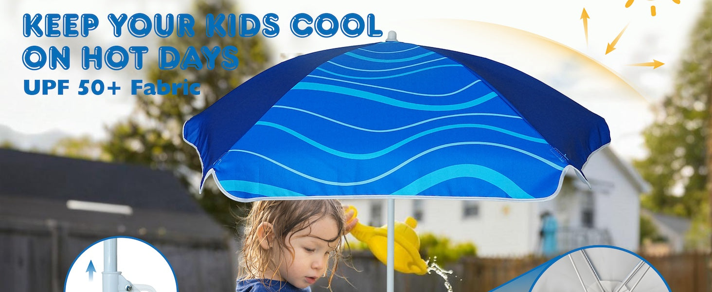 A little girl relaxing under an AMMSUN 5ft navy blue waterproof and uv protection kids patio umbrella for picnic table