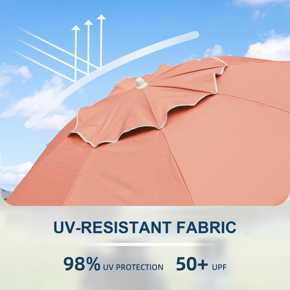 AMMSUN 6.5ft peach pink portable shade umbrella with stand for sport  with UV-resistant fabric and sun protection features against a blue sky.