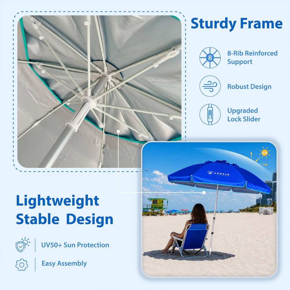 AMMSUN 6.5ft portable beach umbrella twice folded large beach umbrella is lightweight with 8 sturdy ribs