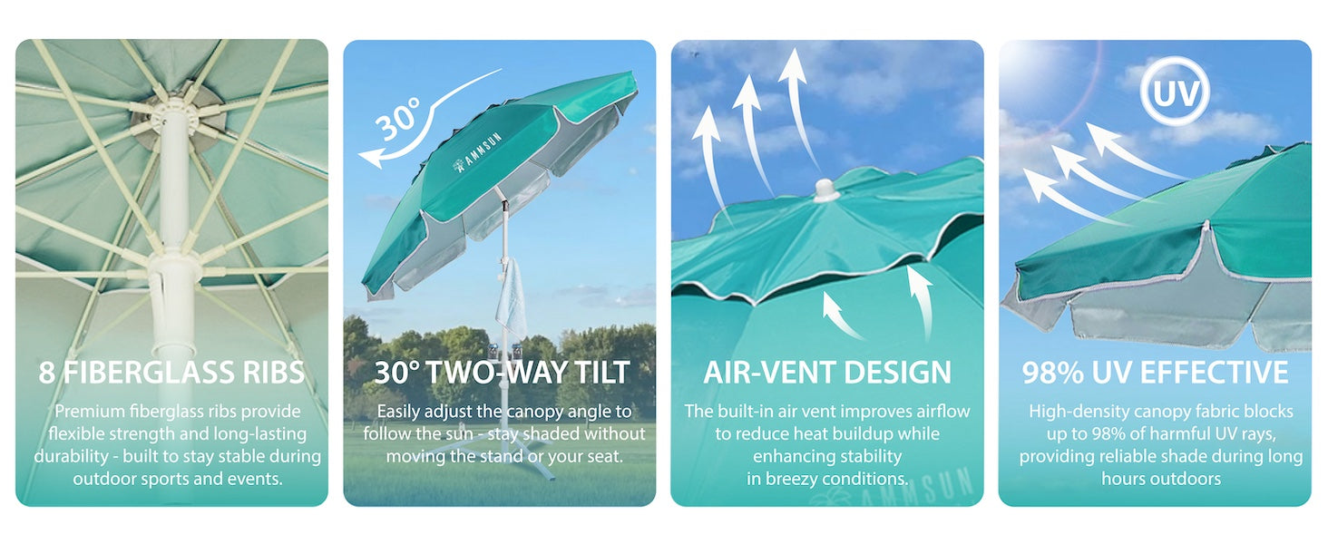 AMMSUN 6.5ft portable umbrella with stand, lightweight sports umbrella with air-vent and 8 fiberglass ribs, tilt for sun blocking
