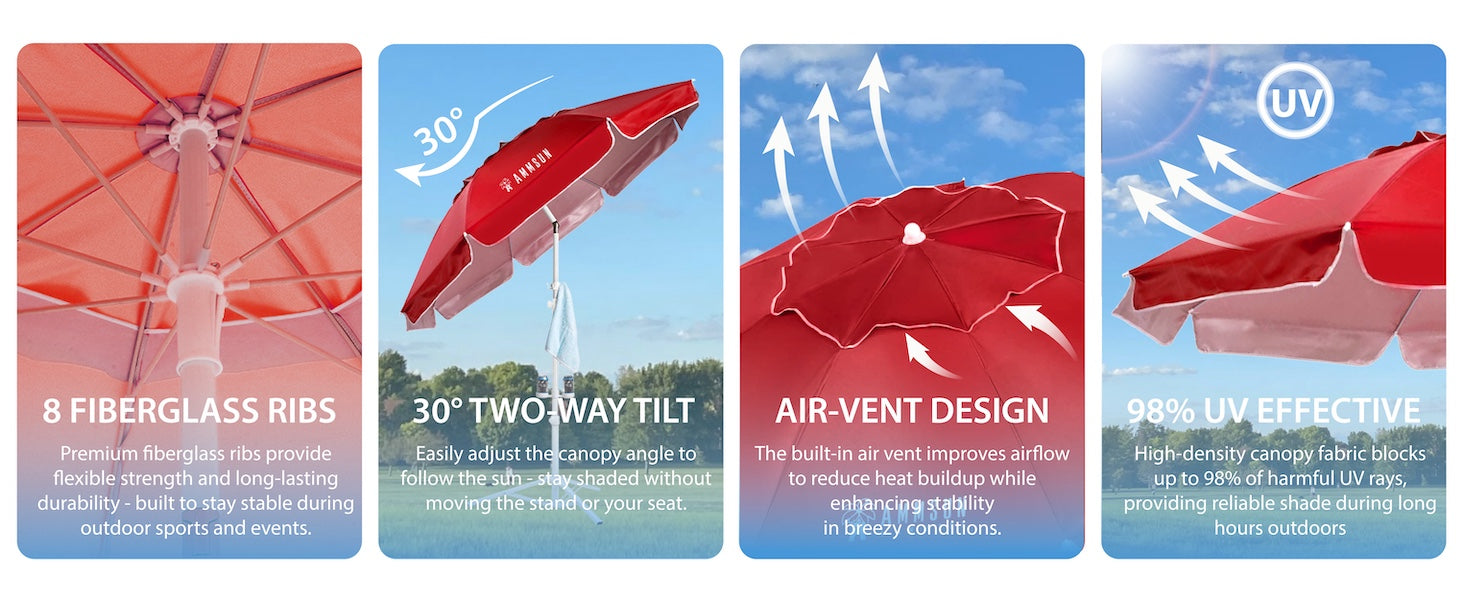 AMMSUN 6.5ft sun umbrella uv protection portable with stand, lightweight sports umbrella with air-vent and 8 fiberglass ribs, tilt