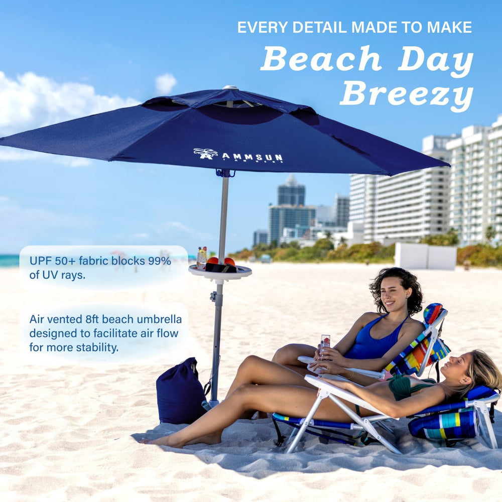Two women relaxing under a large heavy duty navy heavy duty patio umbrella made of uv protection with beach umbrella sand anchor