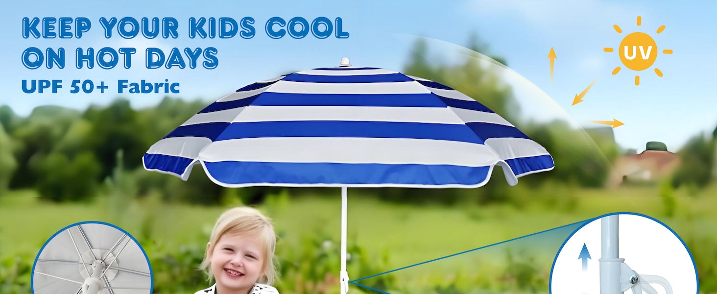 A little girl relaxing under an AMMSUN 5ft blue white waterproof and uv protection kids patio umbrella for picnic table