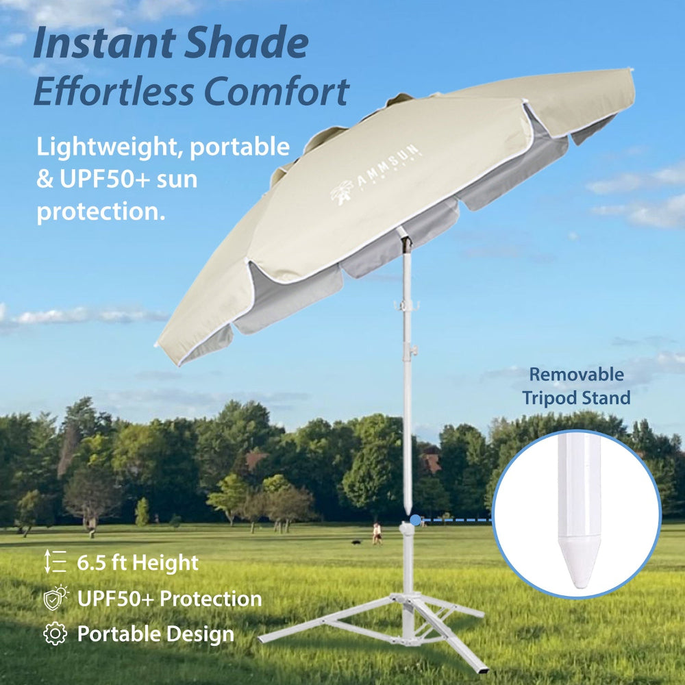 AMMSUN 6.5ft bege portable umbrella for sports umbrella with a removable tripod stand on grass