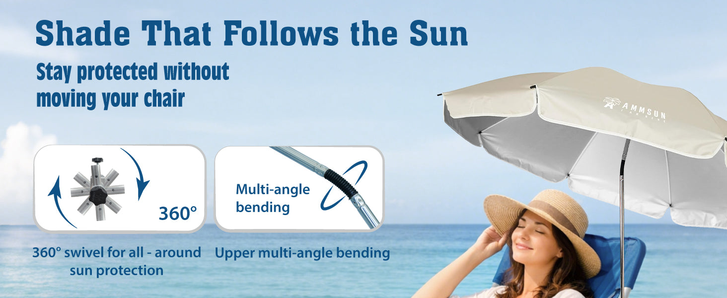 A woman sitting under an AMMSUN beige large size compact umbrella stroller with clamp for 360 degree swivel
