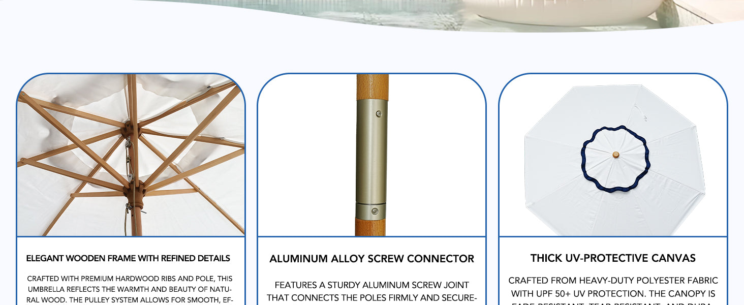 AMMSUN pulley lift umbrella outdoor patio has uv protecting fabric, alumunum alloy screw connector and wood frames