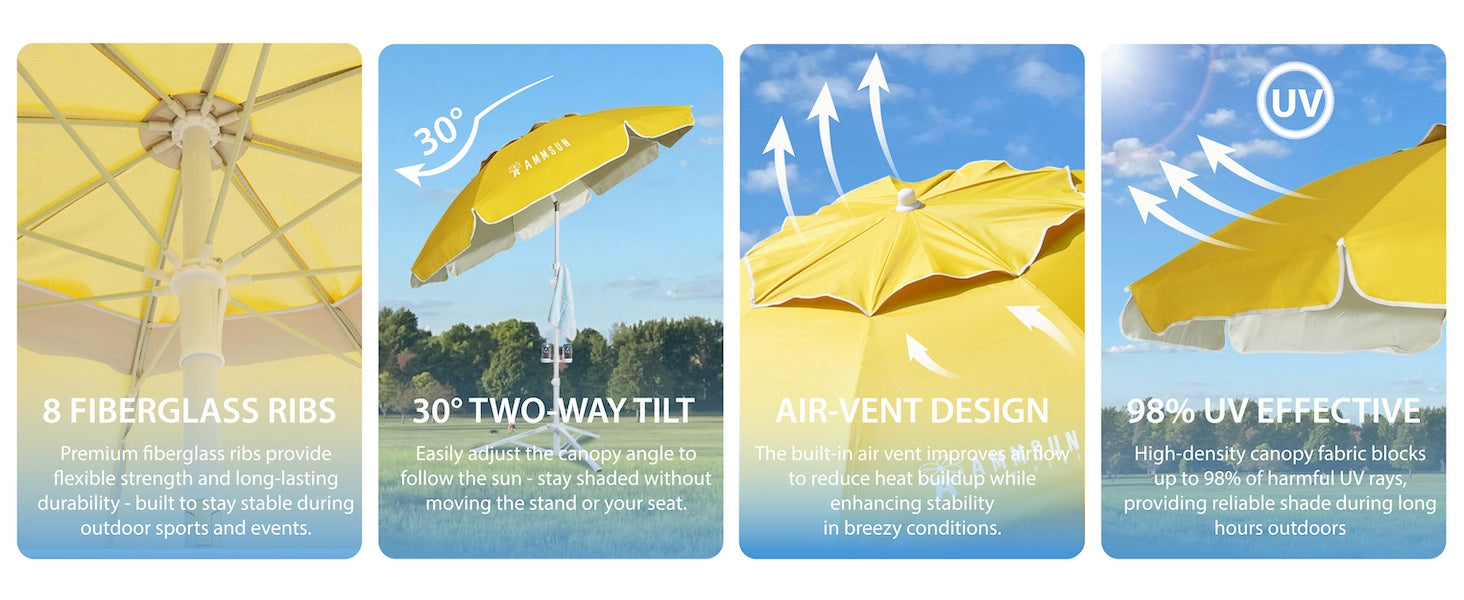 AMMSUN 6.5ft portable umbrella with stand, lightweight sports umbrella with air-vent and 8 fiberglass ribs, tilt