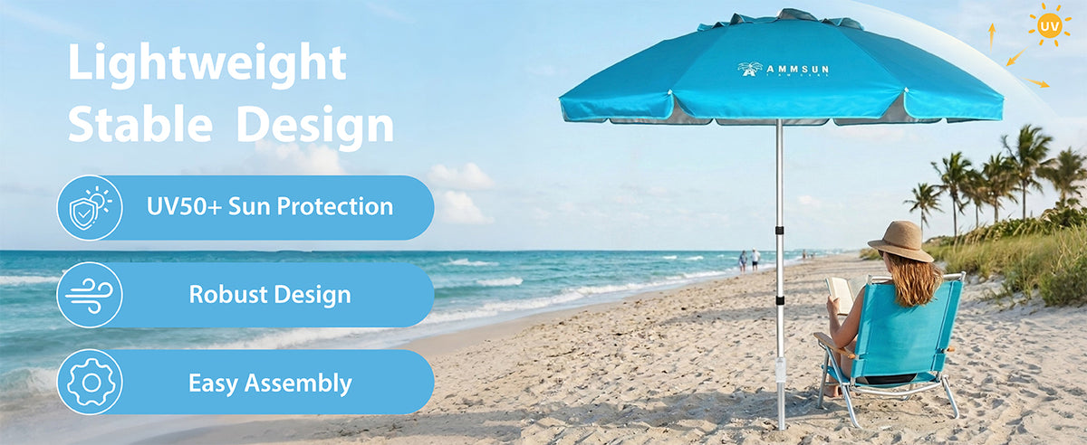 AMMSUN 6.5ft sky blue wind resistant beach umbrella with a seated woman in a beach chair on a sandy beach