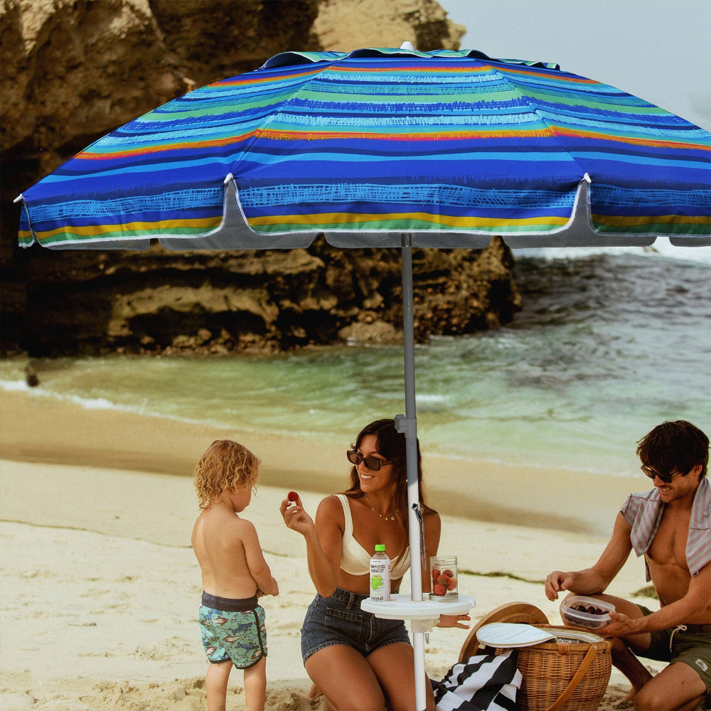 A family of three having relaxing under AMMSUN 8ft large size green Strips beach umbrellas with sand anchor