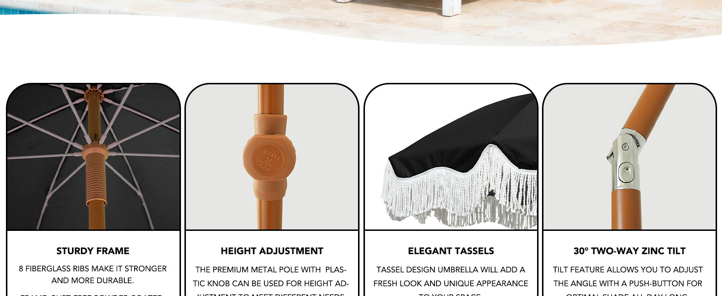 AMMSUN Boho Fringe Umbrella Outdoor Patio, 6.5ft UPF50+ Picnic Umbrella with Tassels with Steel Pole and Push Button Tilt