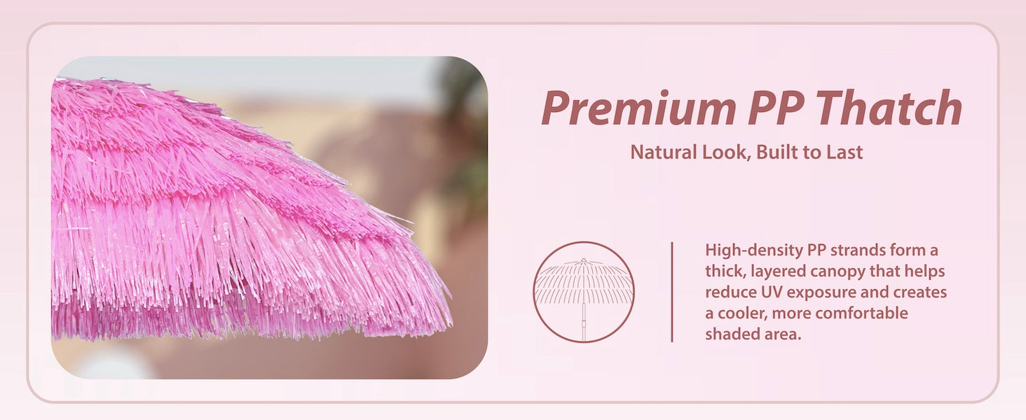 AMMSUN 7.5ft pink thatched tiki outside umbrella is made of fade resistant material