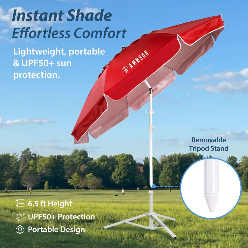 AMMSUN 6.5ft red portable beach umbrella with a white pole, hook, cup holder, and stand, with air-vent and fiber ribs