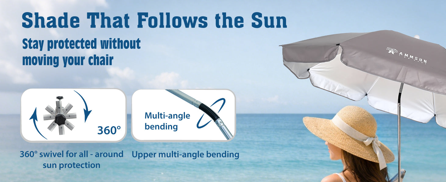 A woman sitting under an AMMSUN grey large size compact umbrella stroller with clamp for 360 degree swivel