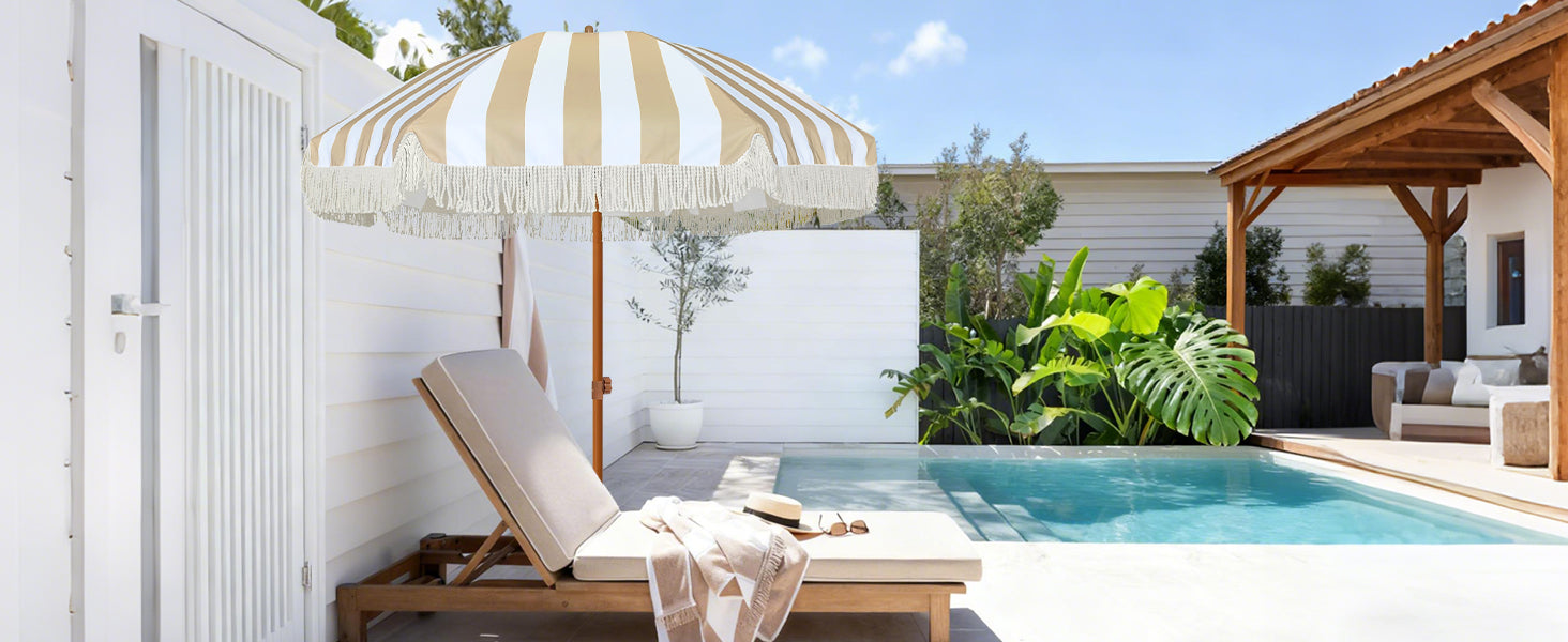 Outdoor pool area with lounge chair, AMMSUN beige stripes beach umbrellas for sand with fringe boho umbrella for patio