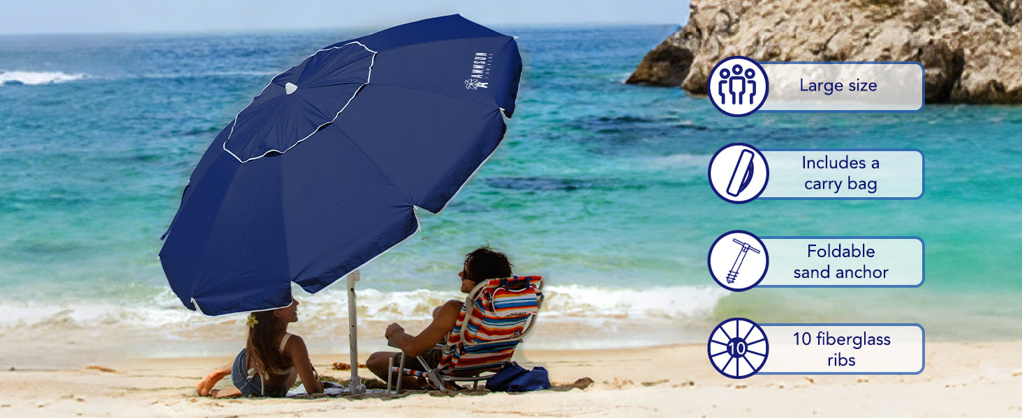 Two people sitting under an AMMSUN 8ft Large Beach Umbrella Heavy Duty Design with fiberglass ribs, Tilt & Sand Anchor.