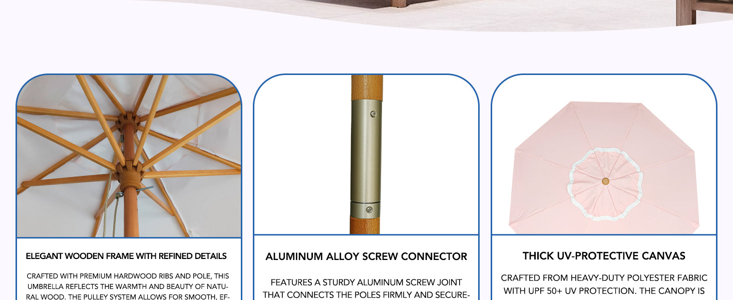 AMMSUN pulley lift pool umbrellas outdoor has uv protecting fabric, alumunum alloy screw connector and wood frames