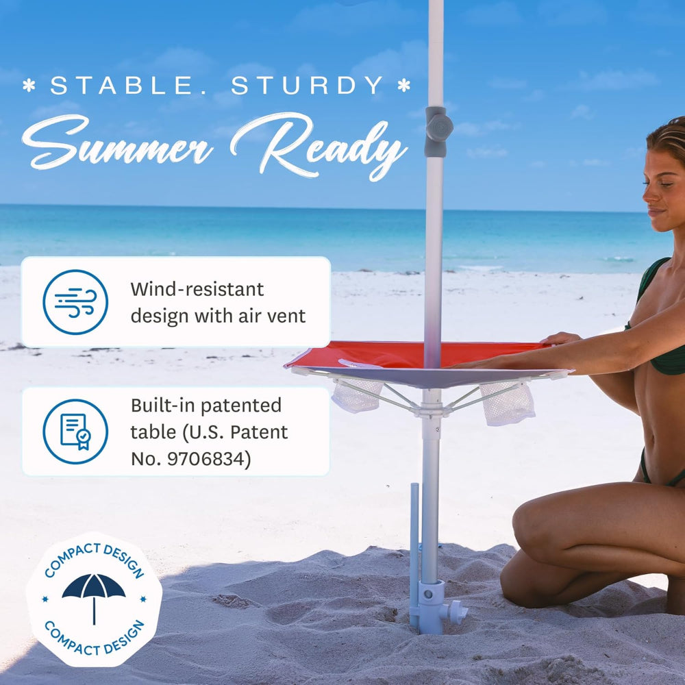 Simply pulling down the red built-in table for beach umbrella with anchor to use