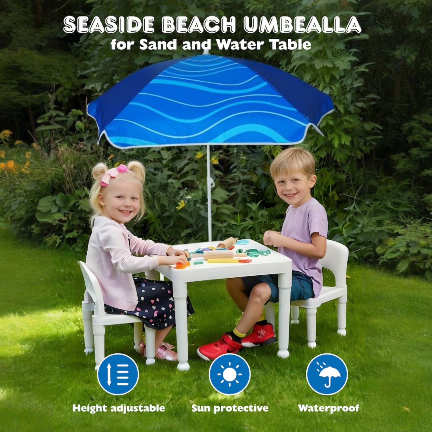 Two grils playing with water table shaded by an AMMSUN 5ft navy blue kids outdoor umbrella for camping