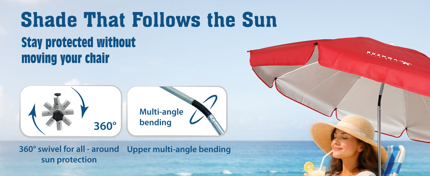 A woman sitting under an AMMSUN red large size beach chair umbrella with clamp