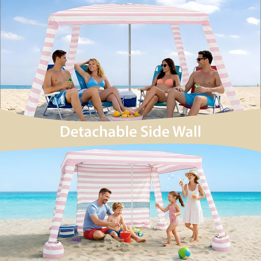 4 people having beach time under an AMMSUN 8'x8' easy up canopy beach cabana with detachable privacy sunwall
