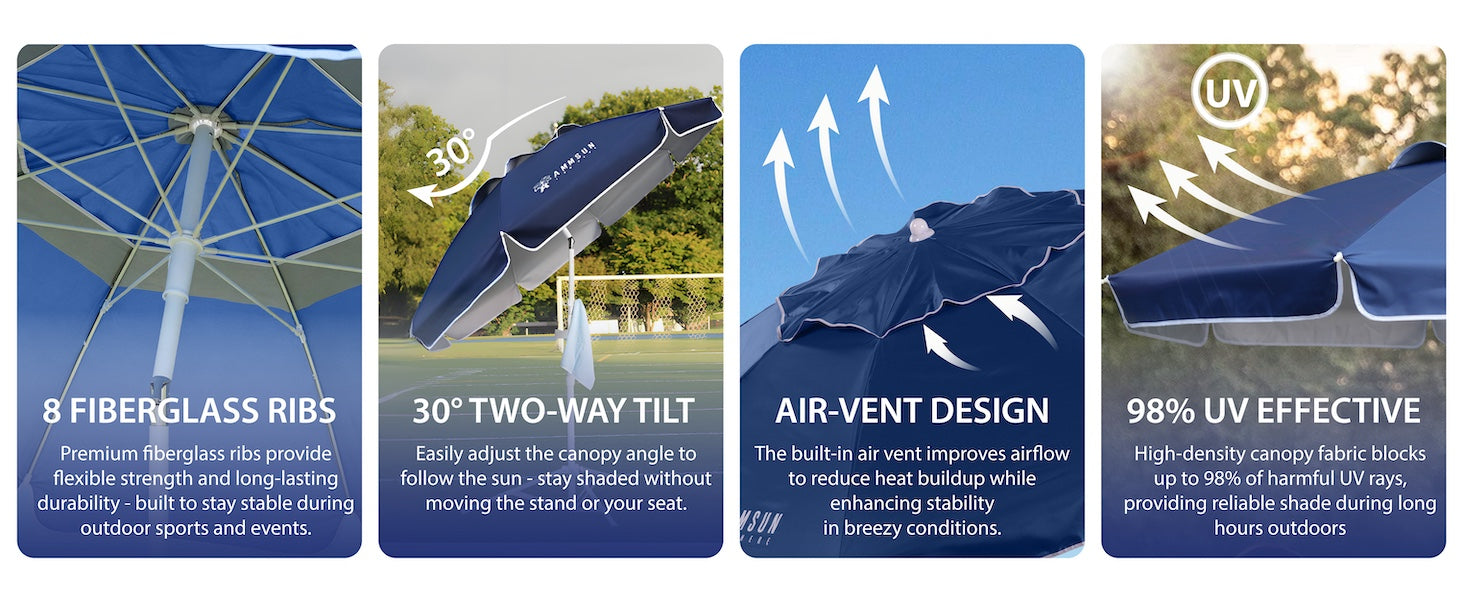AMMSUN 6.5ft portable umbrella with stand, air-vent and 8 fiberglass ribs, tilt can block 98% uv