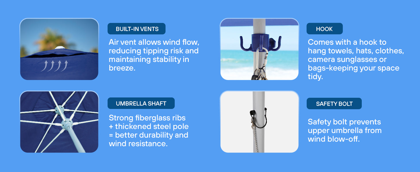 AMMSUN 8ft outdoor umbrella 6 fiberglass ribs and vent with sand anchor has hook and safety bolt for heavy duty beach umbrella