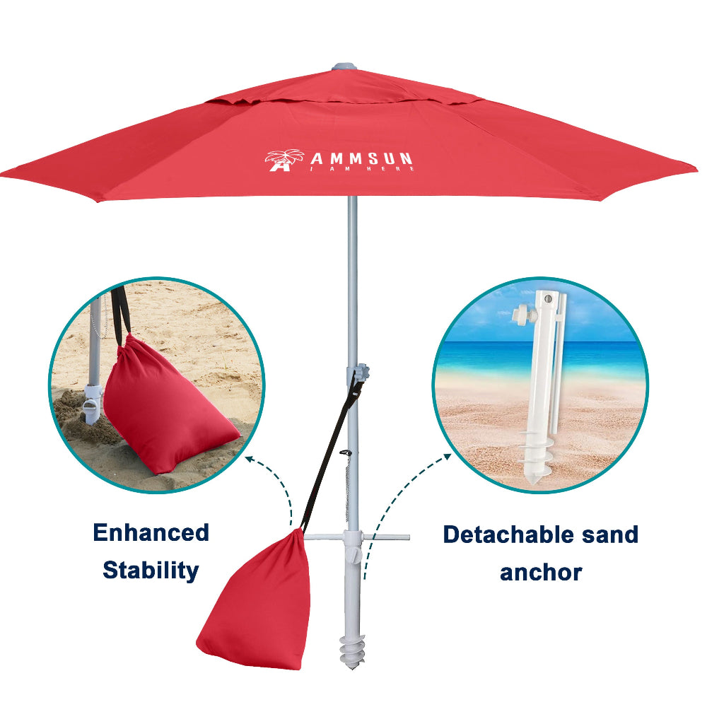 AMMSUN 8ft red large beach umbrella for beach umbrellas for sand portable secured with a sandbag and sand anchor