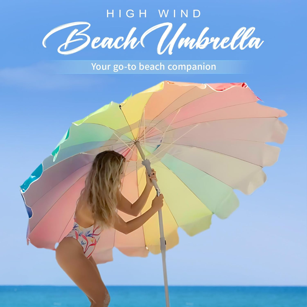 AMMSUN 7.5ft rainbow beach umbrella outdoor patio with sand anchor has the two-way tilt adjustable up to 30°