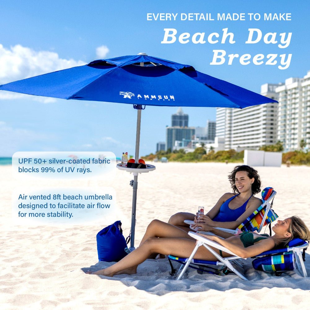 Two women sitting under an AMMSUN 8FT blue heavy duty high wind patio umbrella on beach