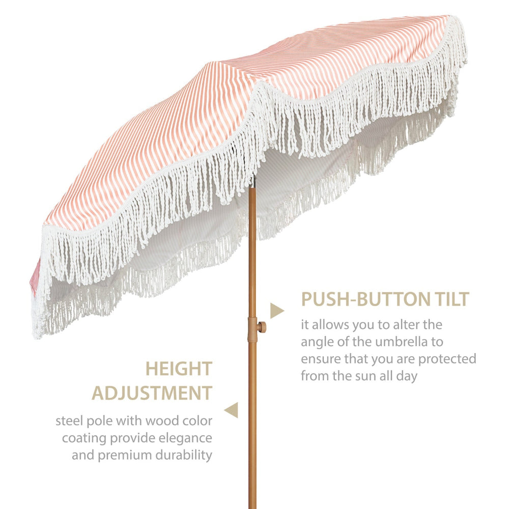 AMMSUN 6.5ft pink stripe boho umbrella outdoor patio with fringe with tilt and knob for height adjustment
