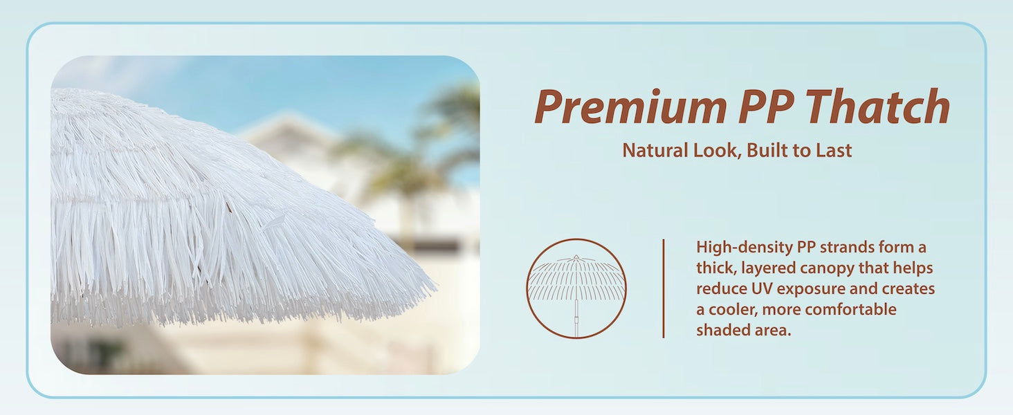 AMMSUN 7.5ft white thatched tiki outside umbrella for outdoor patio bars is made of fade resistant material