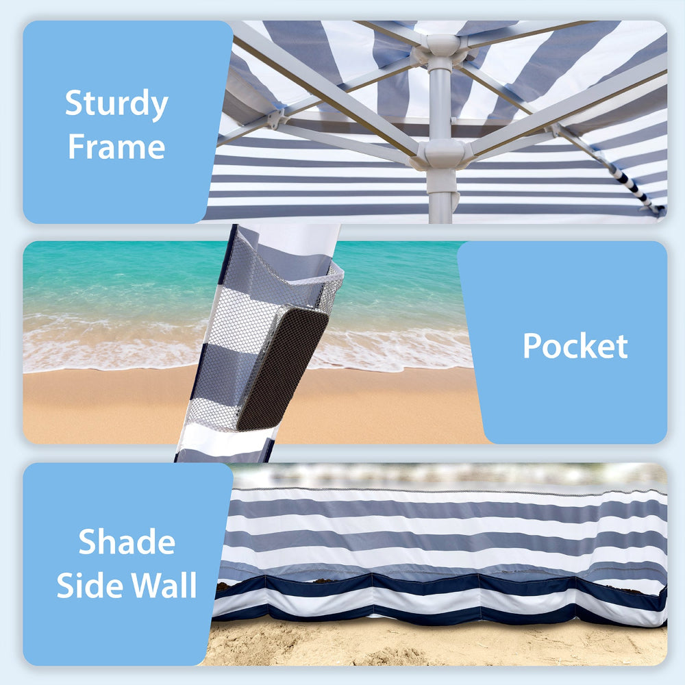 AMMSUN 8'x8' cool cabana beach tent portable shade with side wall has sturdy frame and a pocket on its leg